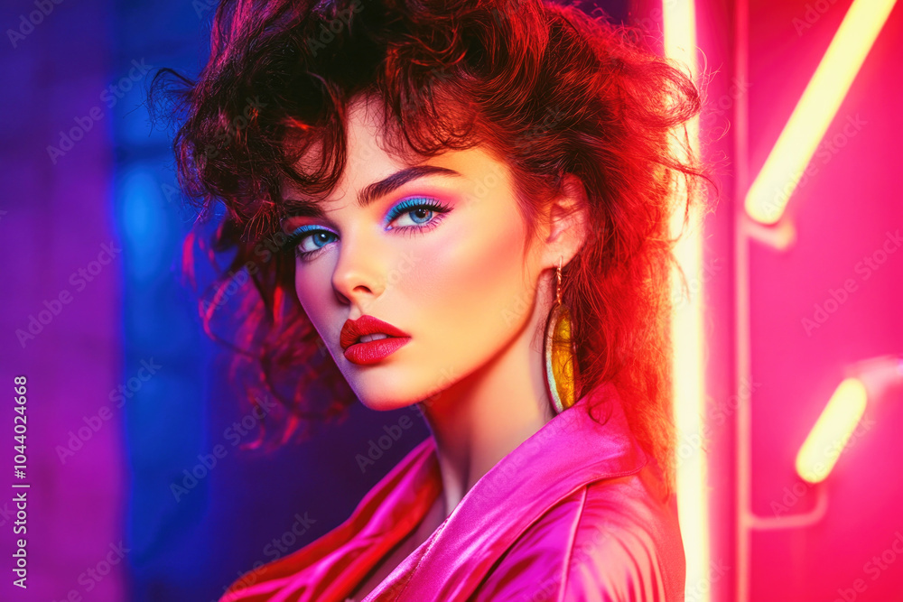 Fototapeta premium Vibrant 80s-inspired women's fashion shoot with bold colors and striking neon lights in an urban setting