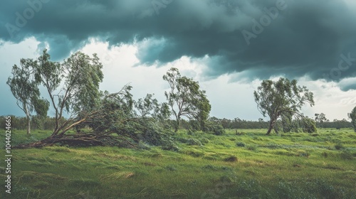 Strong winds and hail have left trees leaning and damaged under dark stormy clouds