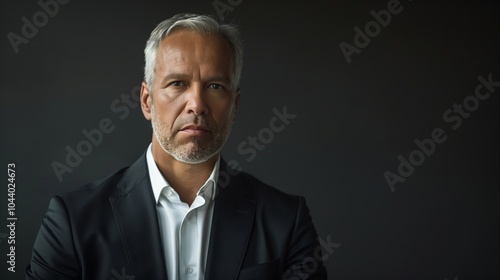 Confident senior executive in black suit with professional, thoughtful expression