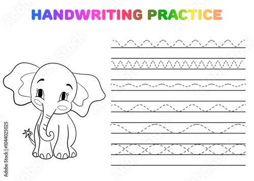 Handwriting practice for kids with outline coloring elephant 