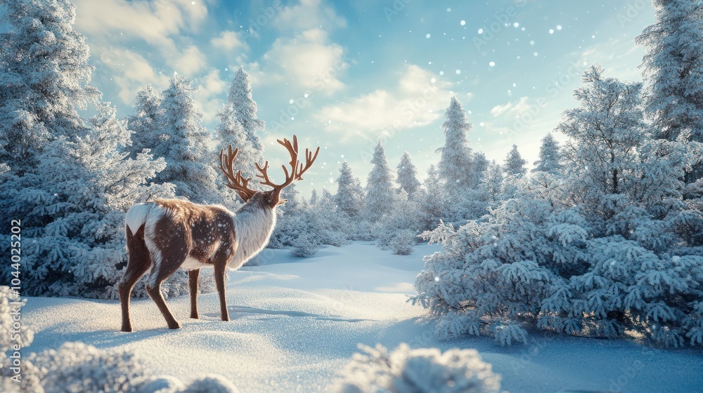 A festive Christmas scene with reindeer in the snow A festive Christmas scene with reindeer in the snow