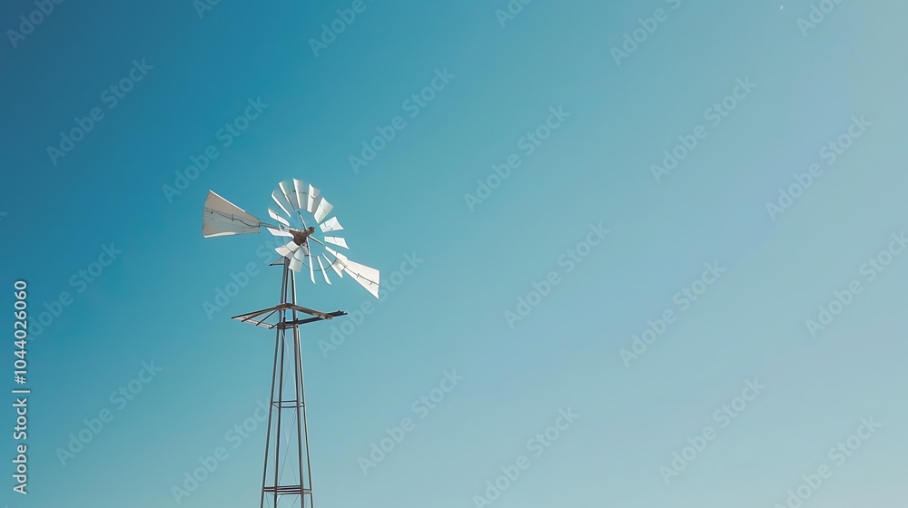 A single windmill standing tall under a cloudless blue sky, with its blades slowly rotating A single windmill standing tall under a cloudless blue sky, with its blades slowly rotating