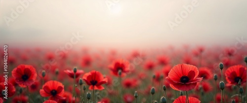 Field of vibrant red poppy flowers under soft morning light in a misty atmosphere copy space