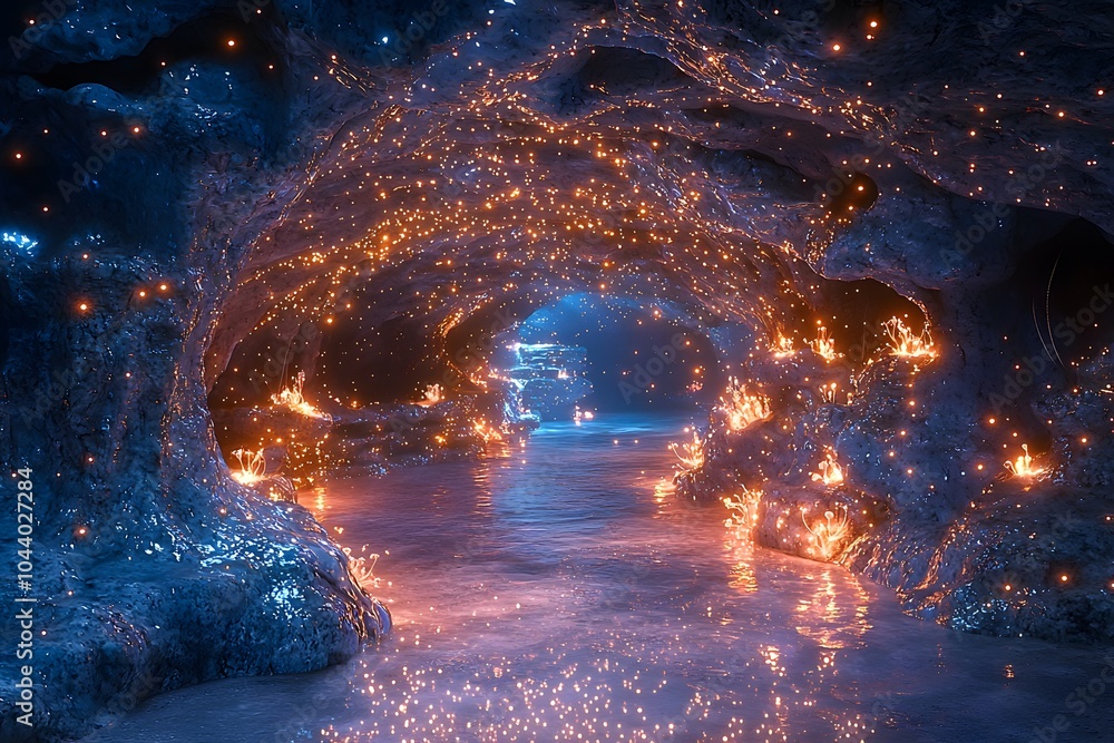 Fototapeta premium Glowing bioluminescent cave with reflections of orange and blue light
