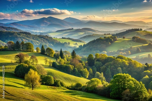 Wallpaper Mural Scenic landscape with rolling hills, trees, and mountain range in the background Torontodigital.ca