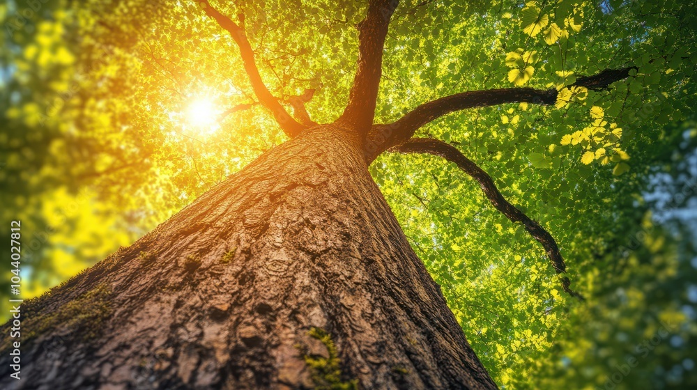 Naklejka premium Bottom view of tree with green leaves in tropical forest with sun light. Fresh environment in park. Green tree give oxygen in summer garden. Environmental conservation. Ecology concept. Save the eart