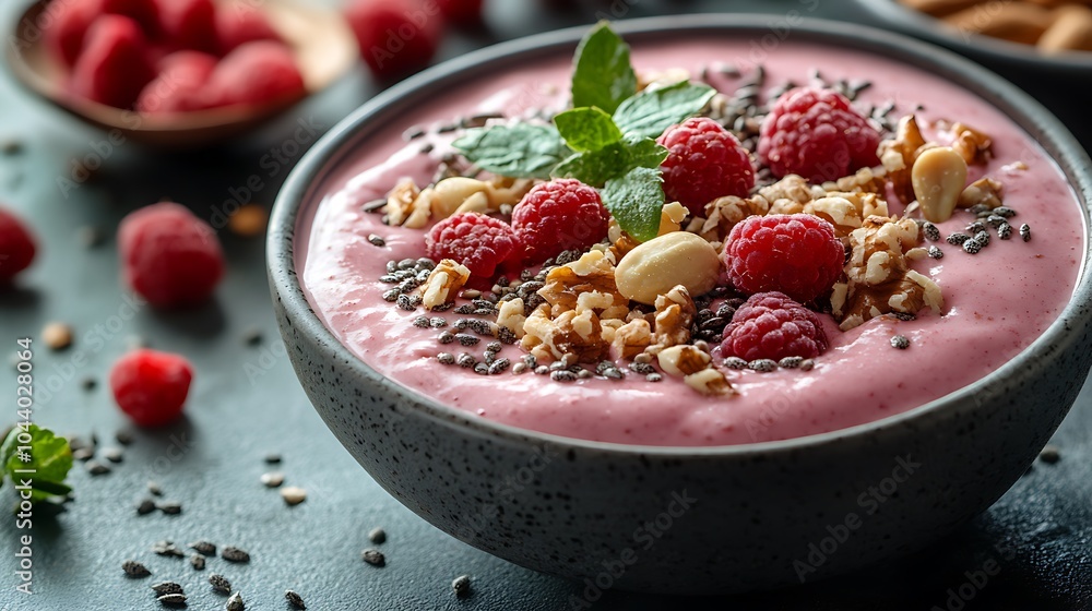 Pink smoothie bowl with raspberries, almonds, and chia seeds. Pink smoothie bowl with raspberries, almonds, and chia seeds.