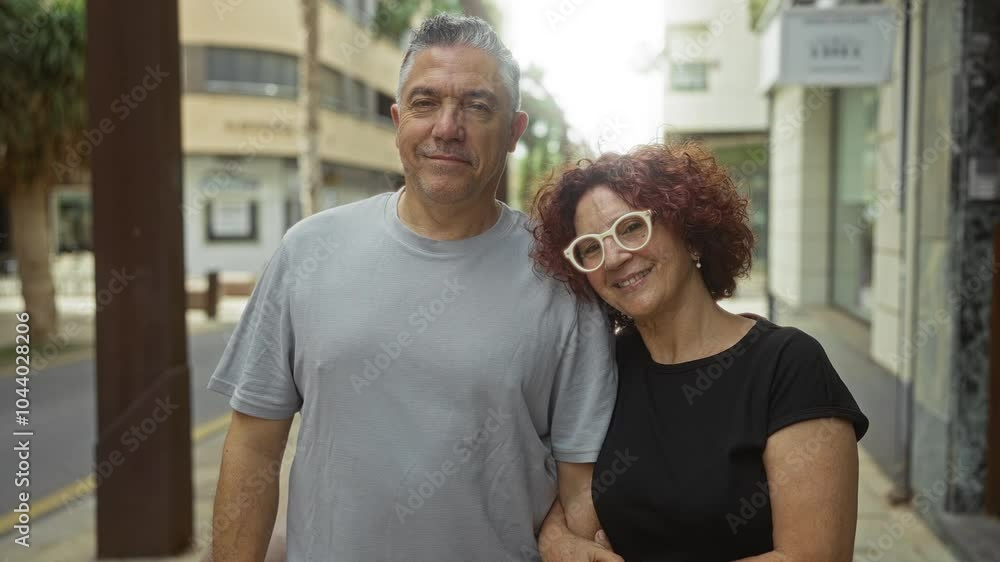 Middle-aged couple embraces on an urban street, reflecting love and togetherness in a vibrant city setting. Middle-aged couple embraces on an urban street, reflecting love and togetherness in a vibrant city setting.