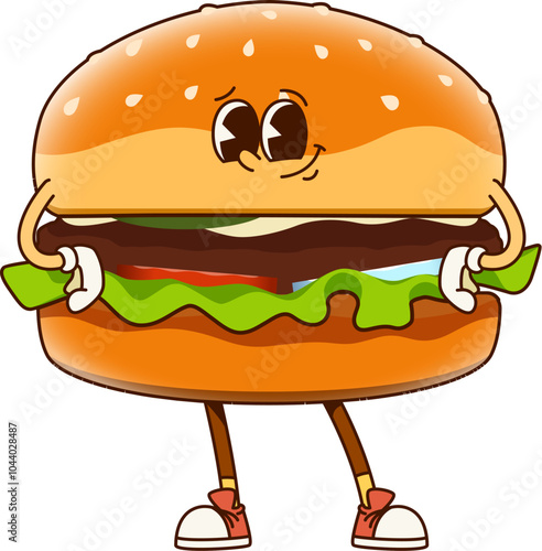 Groovy fast food burger character. Isolated cartoon vector retro tasty beefburger fastfood personage with a beef and lettuce, standing akimbo with confident smile, exudes cool funky 60s or 70s vibes