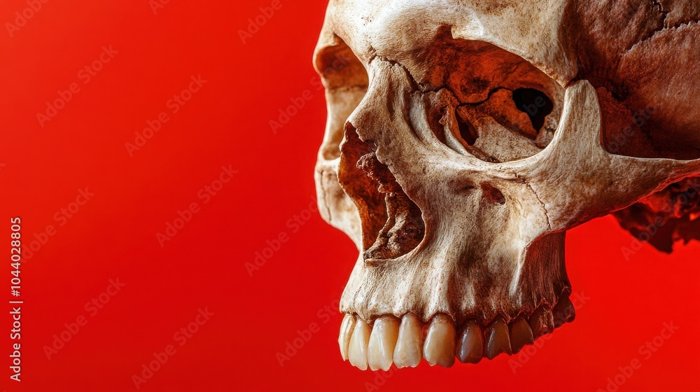 Naklejka premium A human skull in profile against a vibrant red backdrop. The detailed bone structure and teeth are visible, creating a striking and slightly eerie image.