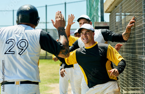 Photography High five, sports and baseball team at game on field cheering for group winning, score or achievement