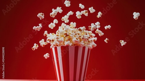 A red and white striped popcorn bucket with fluffy popcorn flying out of it against a red background.
