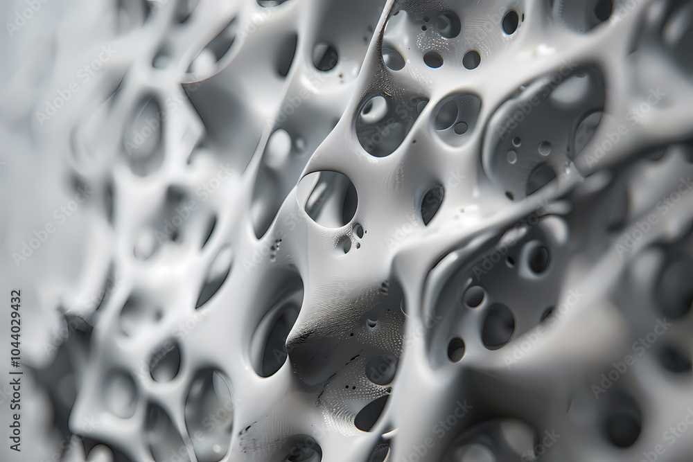 Close-up of an abstract, textured surface featuring organic shapes and varying hole patterns in shades of gray. Close-up of an abstract, textured surface featuring organic shapes and varying hole patterns in shades of gray.
