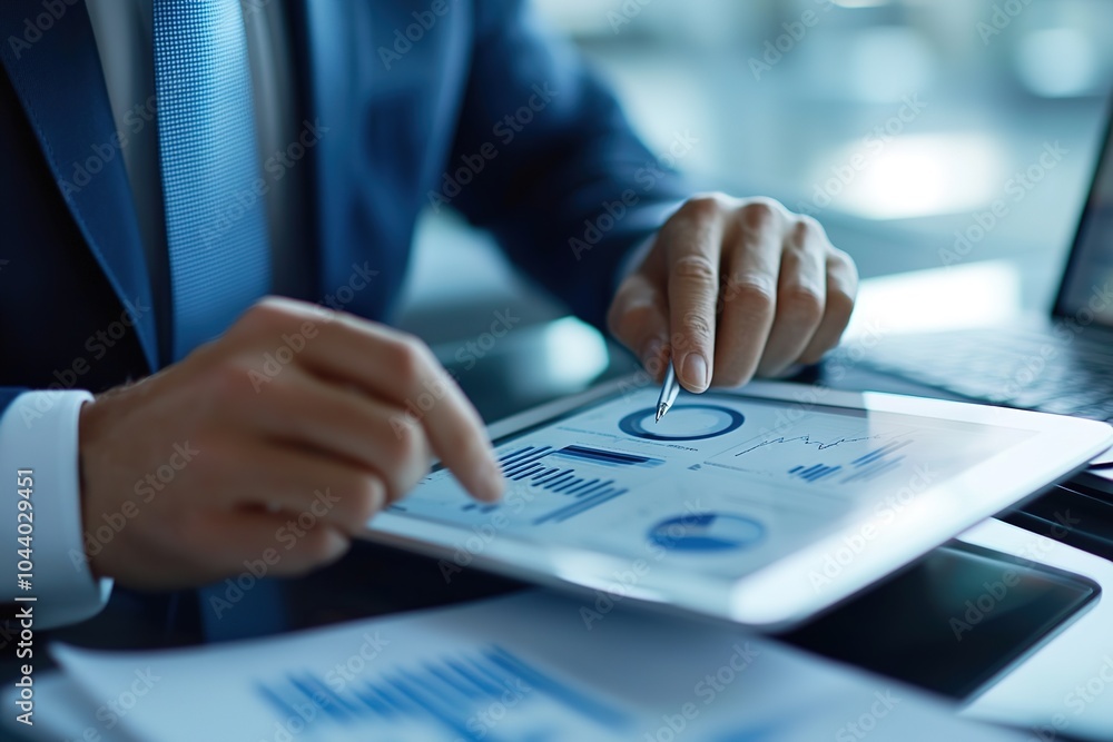 Businessman analyzing data on digital tablet with stylus Businessman analyzing data on digital tablet with stylus