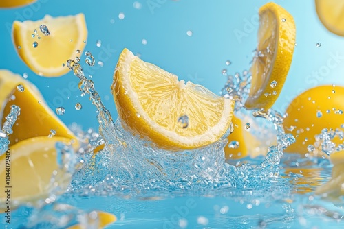 Refreshing splash of lemon in vibrant water droplets. photo