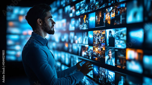 Medienkäufer bei der Arbeit, Berater durchsuchen Mediatheken nach gewinnbringender Werbung, Onlinewerbung, Over-the-top media services, Fernsehwerbung, Werbeclips 