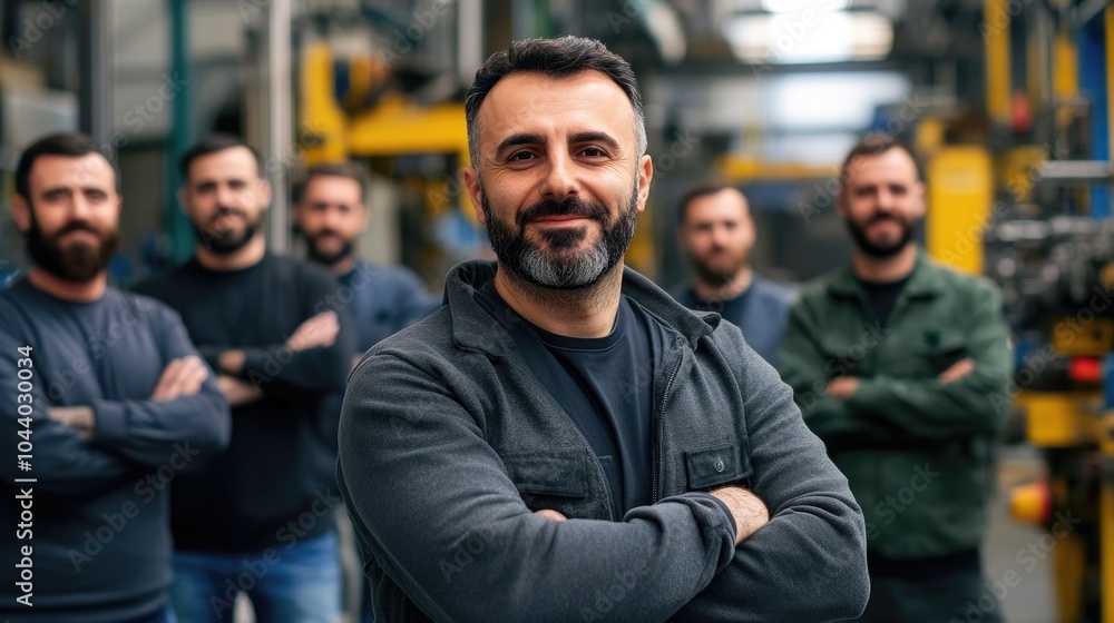 Confident Leader with Team in Industrial Setting Confident Leader with Team in Industrial Setting