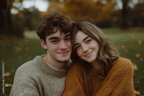 Young couple smiling and sitting close together in a park during autumn, showcasing love and happiness, 