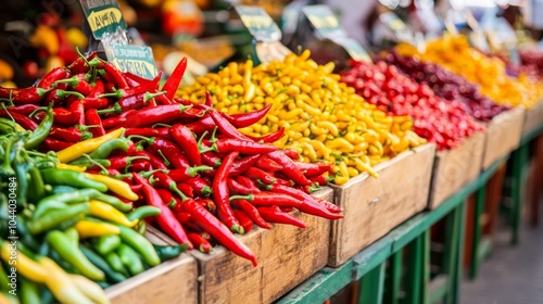 Colorful Variety of Fresh Chili Peppers at Market