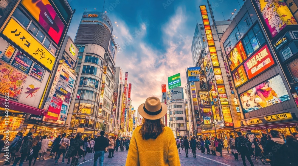 Vibrant Cityscape with Woman in Hat at Twilight Vibrant Cityscape with Woman in Hat at Twilight