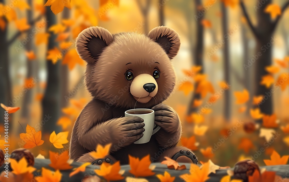Autumn background of cute baby bear drinking coffee in forest, Generative Ai Autumn background of cute baby bear drinking coffee in forest, Generative Ai