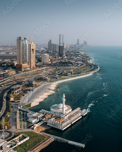 Aerial view of Jeddah city and Al Rahmah Mosque