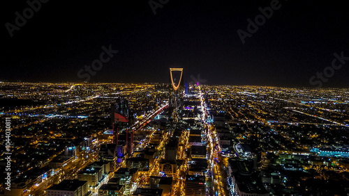 Aerial view of Riyadh city buildings during night time