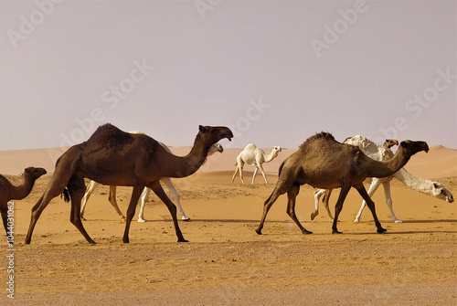 Camels in the yellow sand desert in Saudi Arabia during daytime photo