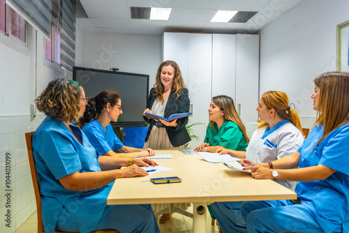 Obraz na płótnie Team of health workers sitting meeting room in geriatrics w salonie