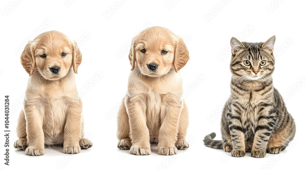 Fototapeta premium Puppies and Tabby Cat Sitting on White Background Generative AI