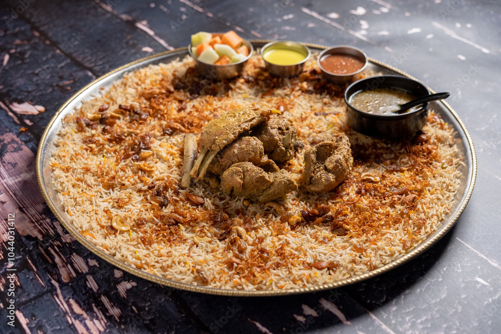 custom made wallpaper toronto digitalFlat lay of mutton madfoon mandi with vegetables and sauces