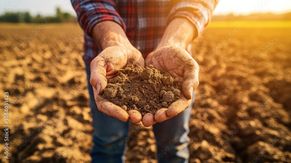 Drought in agricultural field. Farmer holding dry soil in hand and control quality of fertility at arid climate. Impact of climate change on agriculture Drought in agricultural field. Farmer holding dry soil in hand and control quality of fertility at arid climate. Impact of climate change on agriculture