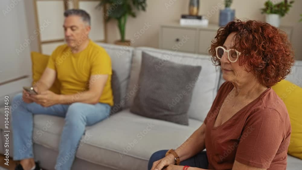 Middle-aged woman and man at home, woman appears thoughtful while the man uses his phone, sitting apart in a comfortable living room with modern décor and neutral tones. Middle-aged woman and man at home, woman appears thoughtful while the man uses his phone, sitting apart in a comfortable living room with modern décor and neutral tones.