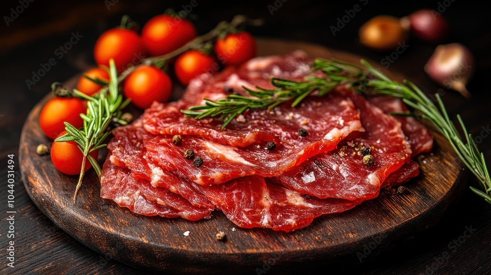 Raw beef slices on a wooden board with rosemary and cherry tomatoes. Raw beef slices on a wooden board with rosemary and cherry tomatoes.