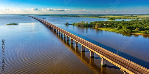 Scenic long bridge over Rio Tocantins in Palmas reflecting on large lake photo