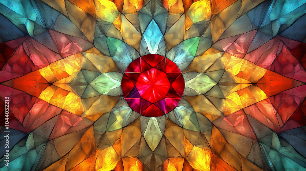 Colorful geometric pattern with a central red gemstone and intricate crystal design Colorful geometric pattern with a central red gemstone and intricate crystal design