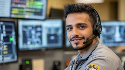 Smiling Emergency Dispatcher in Control Room with Headset, Ensuring Effective Communication and Coordination