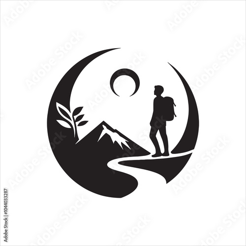 Hiker on mountain trail under moonlit night sky silhouette vector for outdoor adventure