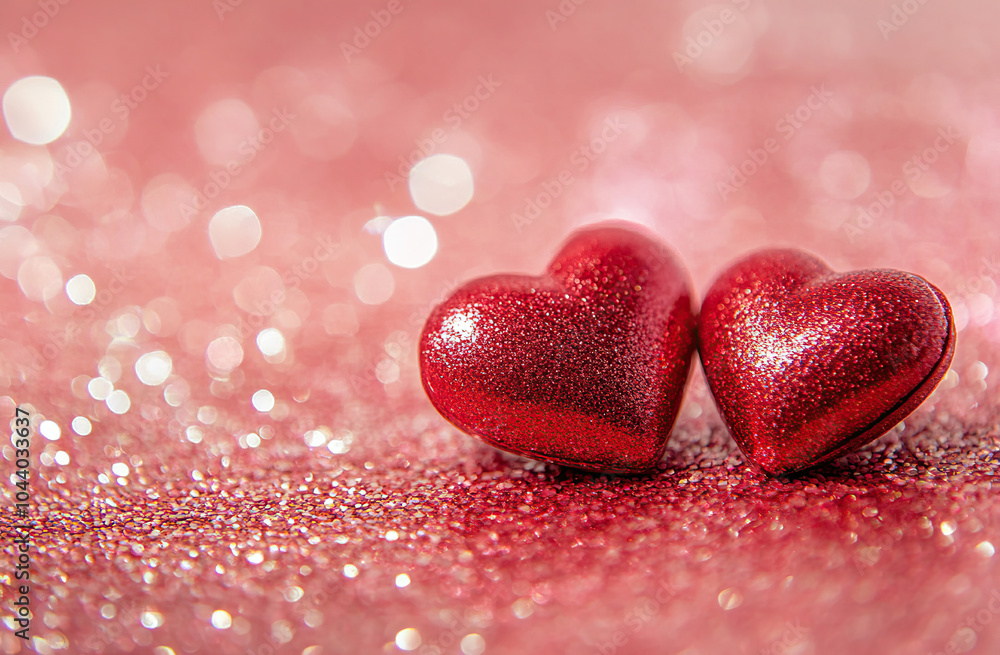 Obraz premium Glittering Red Hearts on a Sparkling Pink Background for Valentine's Day