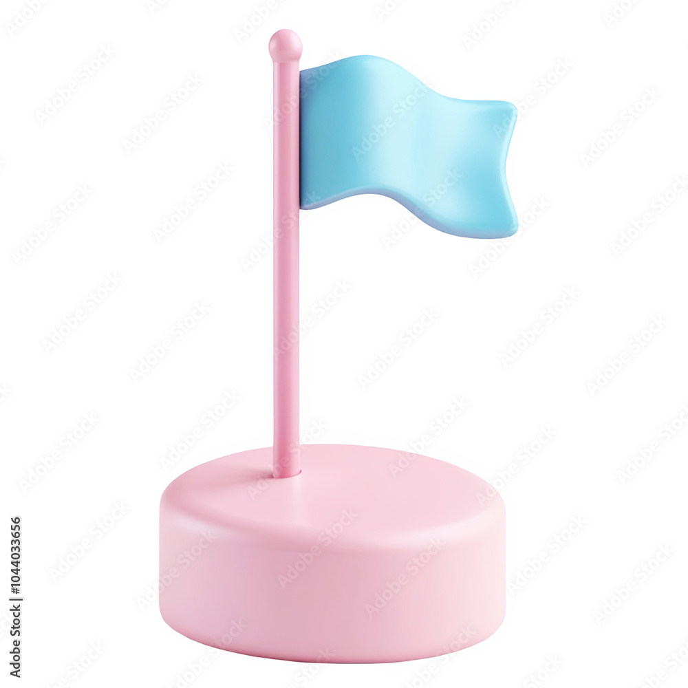 A playful soft blue flag 3d icon PNG, cartoon style minimal on transparent, isolate on white background