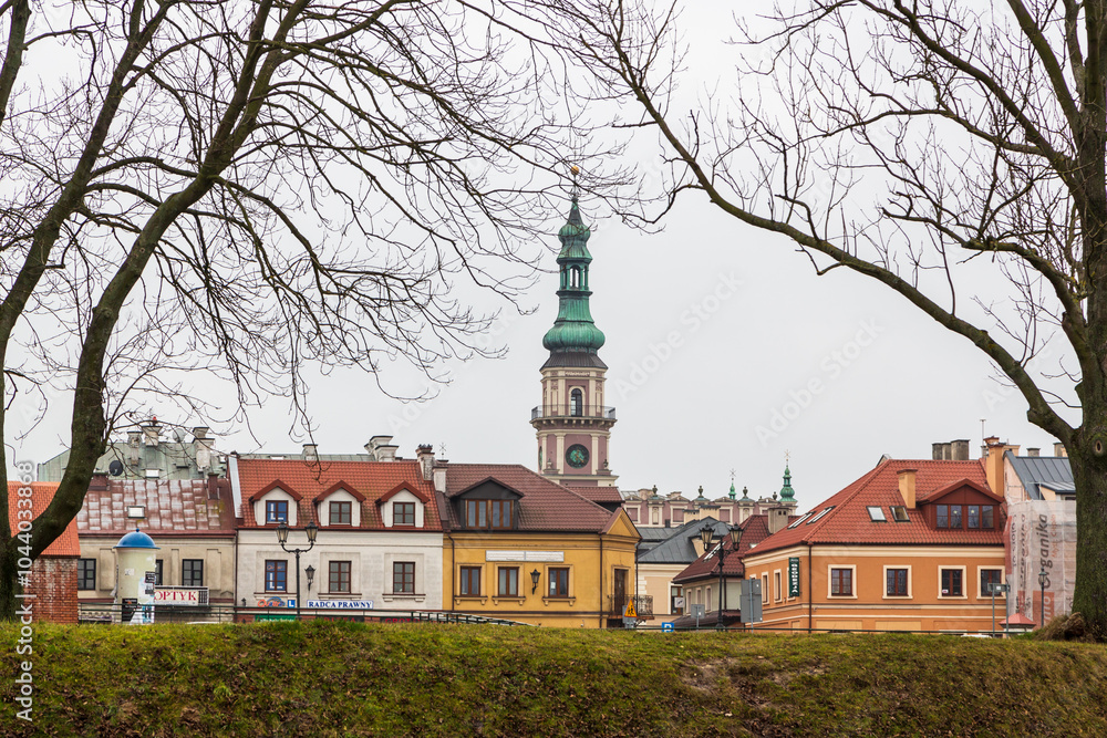 Naklejka premium Beautiful view over Zamosc is an example of a Renaissance town in Central Europe designed with Italian theories of ideal town, UNESCO. Zamosc, Poland