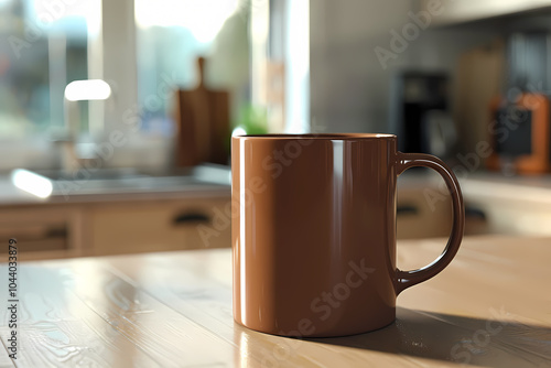 A warm brown ceramic mug sits elegantly on a wooden kitchen table, basking in soft morning light.