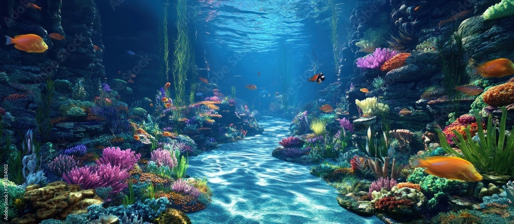 Fototapeta premium A vibrant underwater scene with colorful coral reefs, fish swimming, and a sandy bottom.
