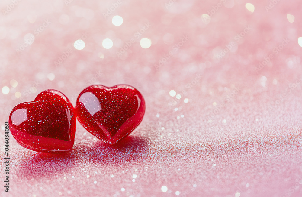 Fototapeta premium Close-Up of Two Sparkling Red Hearts on a Pink Glitter Background
