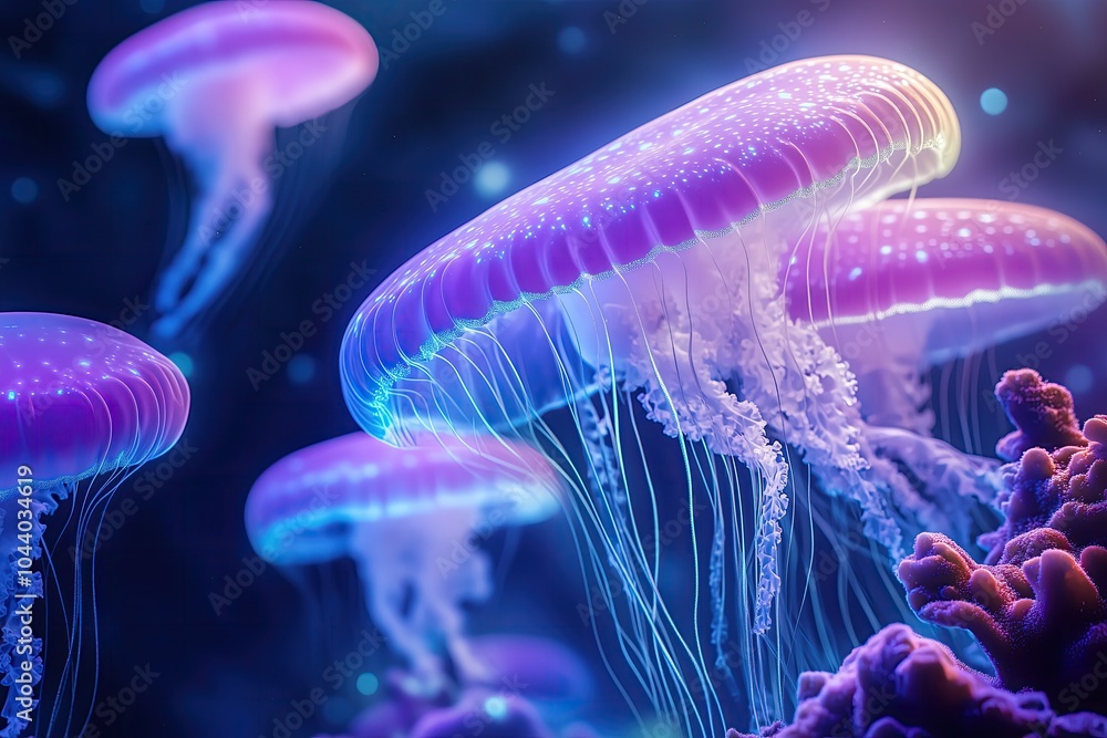 Obraz premium Bioluminescent Beauty: Glowing Jellyfish Illuminate the Ocean