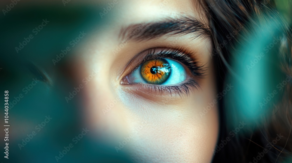 Fototapeta premium A captivating close-up of a woman's eye with vibrant green and amber hues, AI