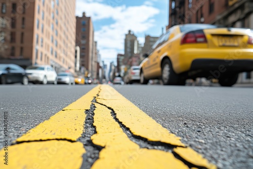 Cityscape Through the Streets: A Focus on the Yellow Line Dividing the Road