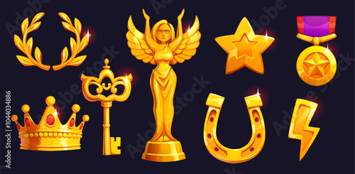 cartoon golden award game asset. Vector symbols of achievement, success and recognition. Laurel wreath, crown, scepter, winged statuette or victory figure, shining star, medal or award and horseshoe