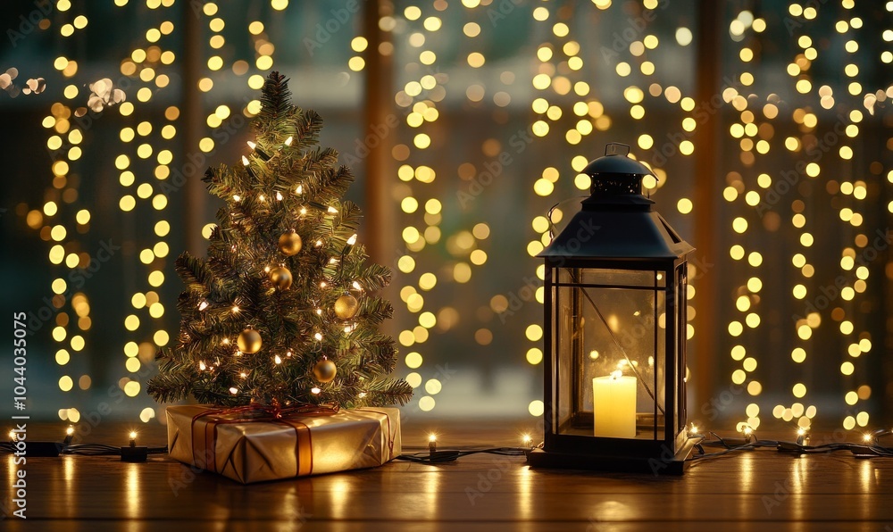 Lantern And Christmas Tree Glowing On Table With Decoration And String Lights - Bokeh And Glittering Effect On Background Lantern And Christmas Tree Glowing On Table With Decoration And String Lights - Bokeh And Glittering Effect On Background