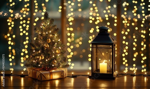 Lantern And Christmas Tree Glowing On Table With Decoration And String Lights - Bokeh And Glittering Effect On Background